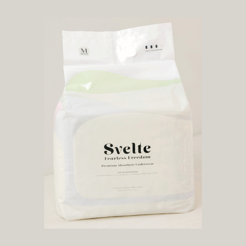 Svelte pull-up continence underwear pack on a neutral beige background