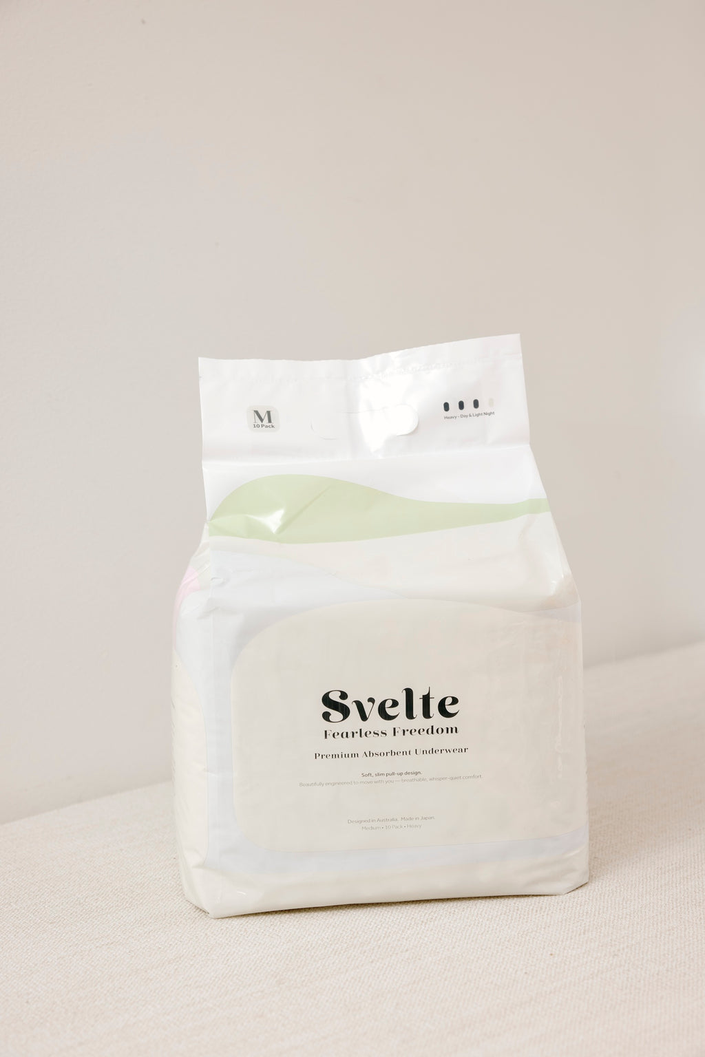 Svelte pull-up continence underwear pack displayed on a neutral beige surface