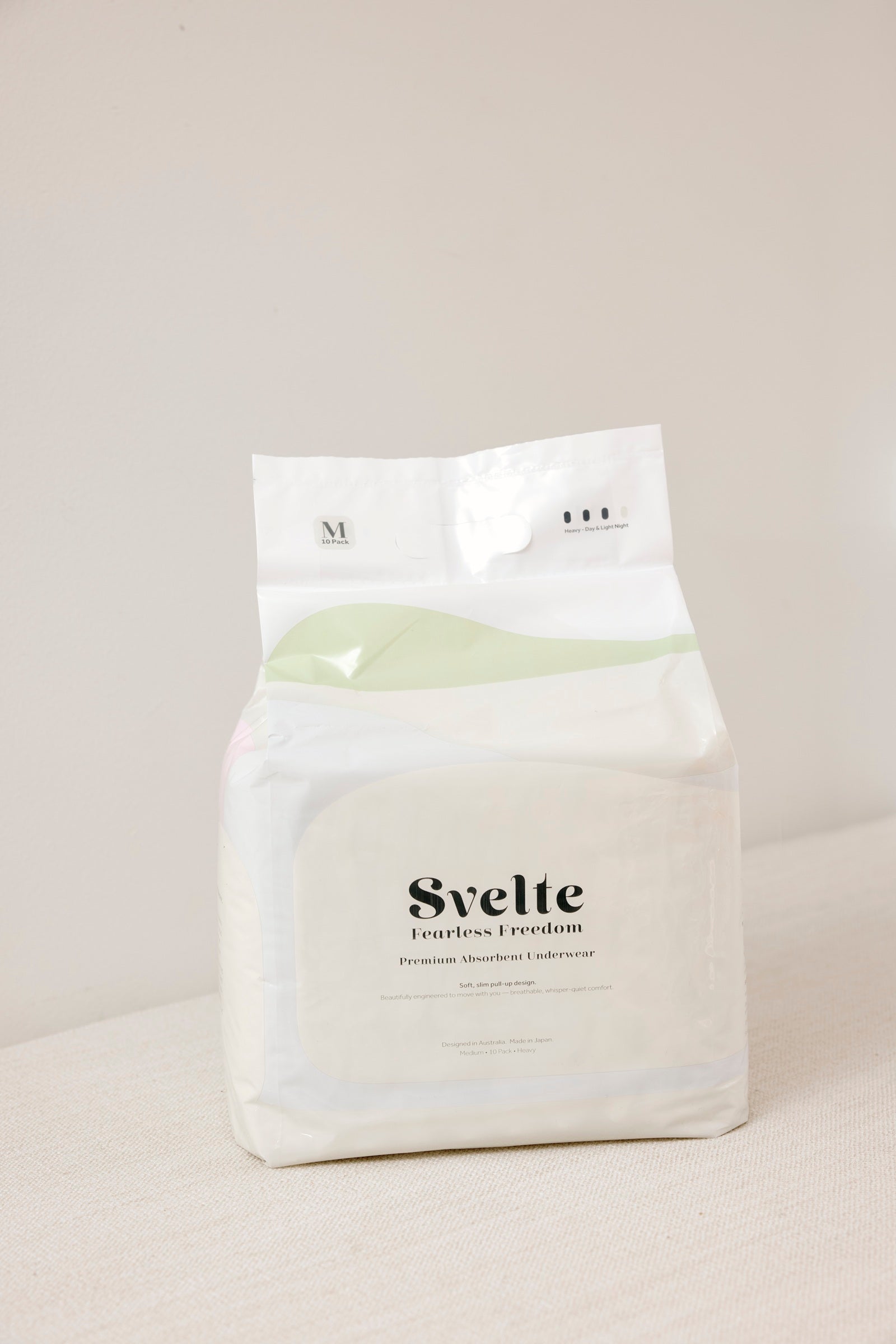 Svelte pull-up continence underwear pack displayed on a neutral beige surface